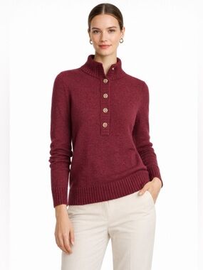 Tory Burch Audra Mock Neck Wool Cashmere Red Purple Henley Sweater